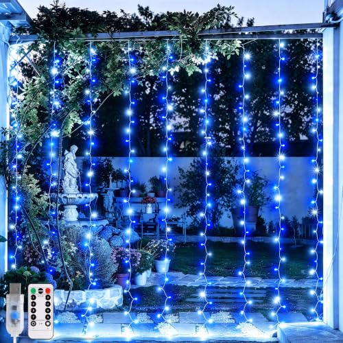 Image of JMEXSUSS 200 LED USB Curtain Lights Blue and White | Remote Curtain Christmas Lights, 8 Modes Christmas String Lights for for Bedroom, for Christmas, for Party, 6.5ftx6.5ft