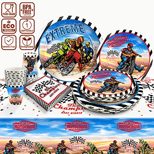Image of Dirt Bike Decorations Plates Set | Service for 20 | Dirt Bike Birthday Supplies with Dinner Plates, Dessert Plates, Cups, Tablecloth | Dirt Bike Motocross Motorcycle Tableware for Kids