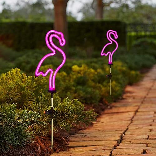 Luces solares de estaca de jardín de flamenco, juego de 2 luces solares para exteriores para césped, patio, pasarelas, iluminación rosa neón (30