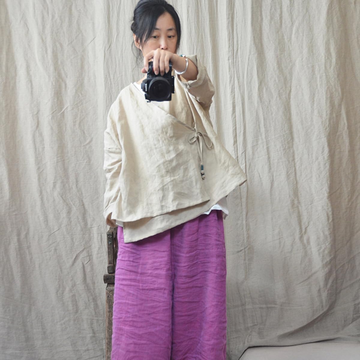 NFYM レディース はんてん 着物 カーディガン 長袖 ラップ フロント コットン リネン レトロ Hanfuコスチューム イレギ