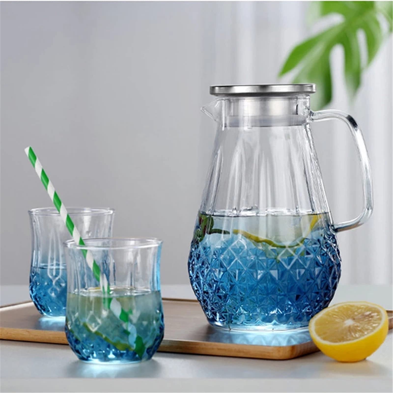Jarra de Agua Transparente para Nevera, Jarra de Agua, Tetera, Tapa de Acero Inoxidable para Agua, té, Zumo de Frutas, Jarra de Cristal para Limonada y té hela