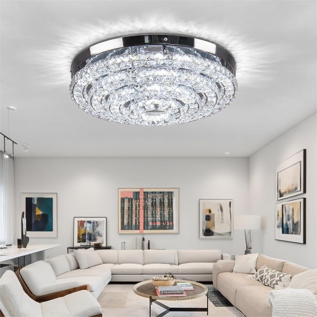 FRIXCHUR 45 cm Runde Kristall LED Deckenleuchte, 6000K Tageslichtweiß | Moderne Edelstahl-Deckenlampe mit Kristalloptik für Wohnzimmer, Schlafzimmer, Küche und Flur; klares kaltweißes LED-Licht