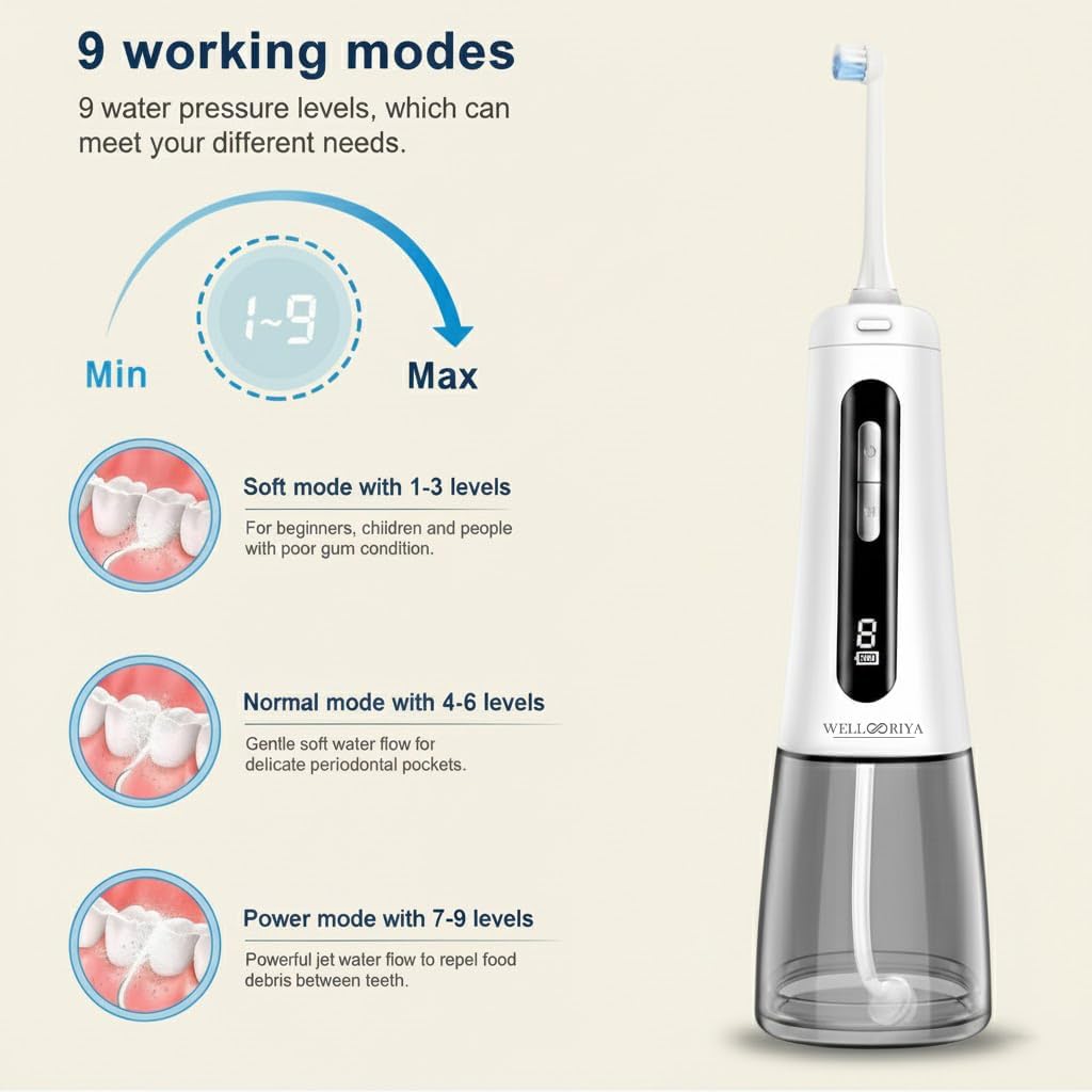 Water Flosser – Cordless Power Dental Flosser for Teeth & Gums, 9 Pressure Levels, 300mL Tank, USB-C Rechargeable Oral Irrigator, IPX7 Waterproof for Braces & Travel – Wellooriya (Black)