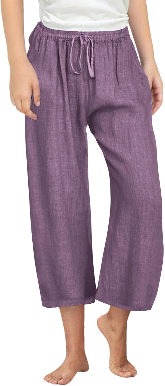 Capris Pants for Girls Casual Drawstring Wide Straight Comfy Trousers with Pockets 2026 Loose Beach Vacation