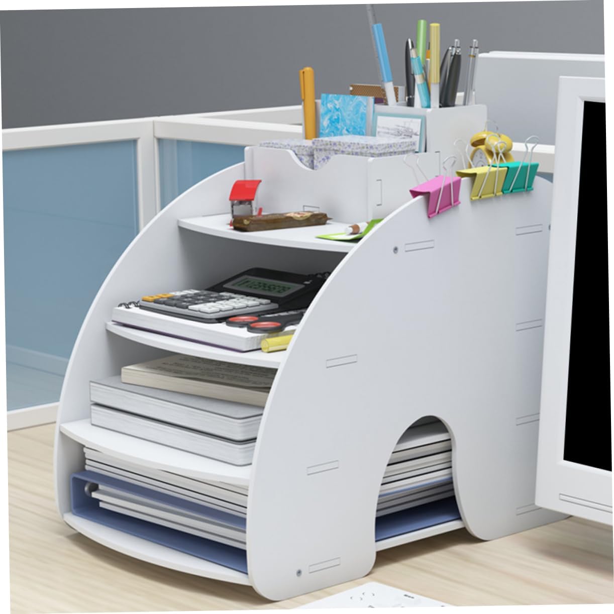 Gadpiparty Multi-Layered Desktop File Organizer Rack Office Document Holder Adjustable Compartments for Efficient Workspace Organization