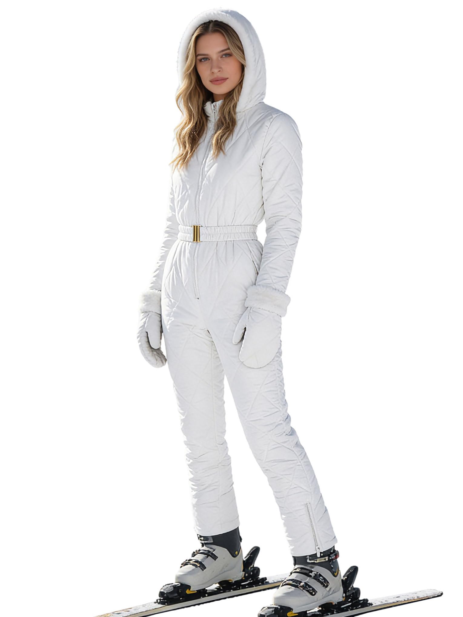 Tute da Neve Donna Salopette Snowsuit Un Pezzo Tutina con Cappuccio Impermeabile Antivento Overall Jumpsuit da Sci Completo Sportivo Bianco XXL