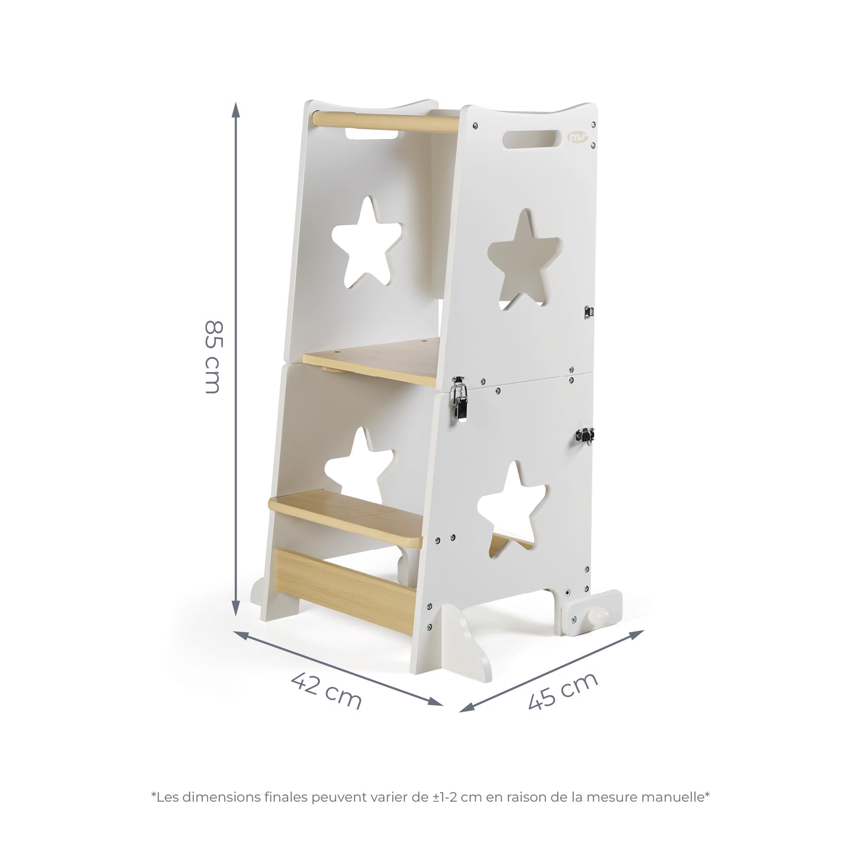 MS BabyWorld – Learn Up – Torre de Aprendizaje Montessori | Convertible en Escritorio con Pizarra y Taburete | Madera Maciza | Barra de Seguridad | Plegable