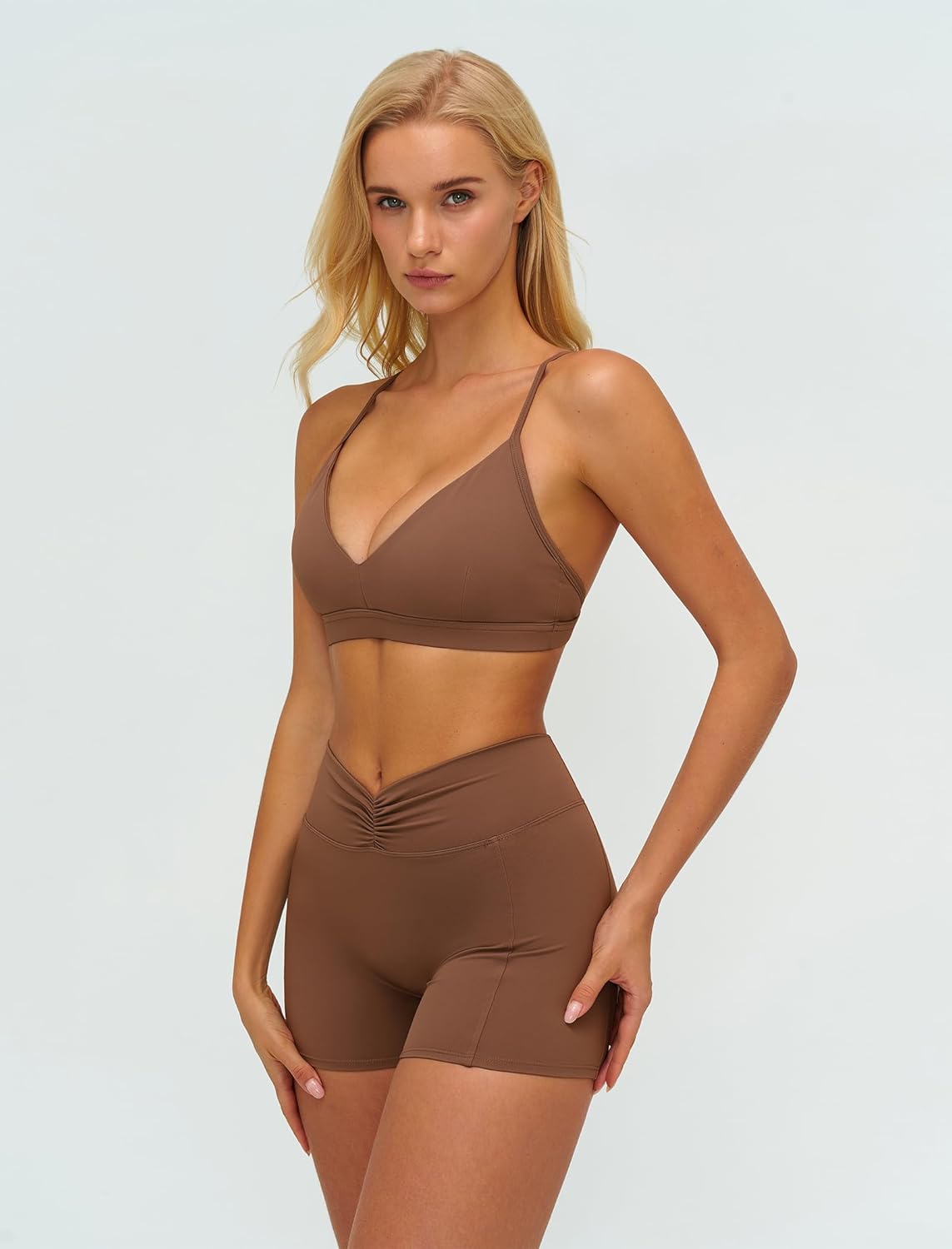 ABOCIW Womens Workout Sets V Neck Sports Bra Tummy Control High Waist Biker Shorts 2 Piece Yoga Pilates Outfits