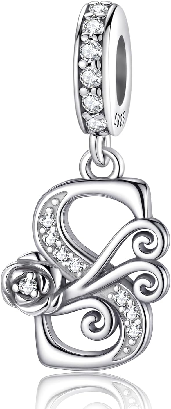 Complete A~Z Alphabet Charm Letter Beads, Solid 925 Sterling Silver with Cubic Stones Rose Alphabet Charm fits Pandora Bracelets Necklace Women Jewelry
