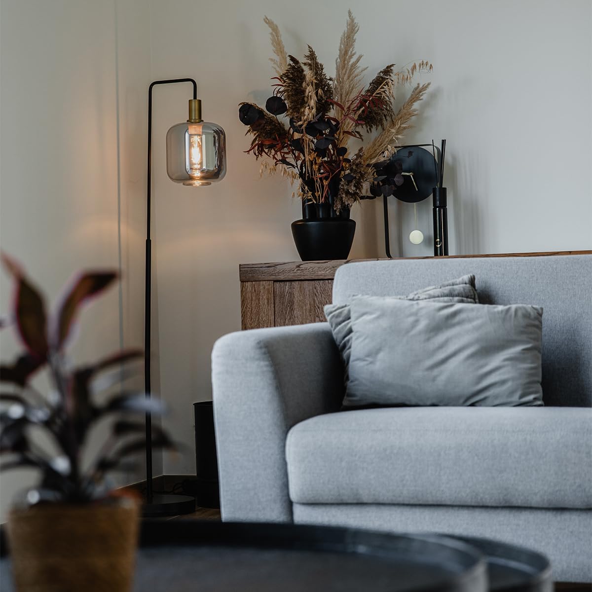Qazqa Design Stehleuchte, Stehlampe - Zuzanna - Schwarz mit Rauchglas, max. 40W, Geeignet für LED, 150cm, Ideal als Wohnzimmerlampe