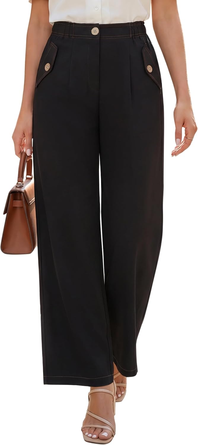 Blooming Jelly Women High Waisted Wide-Leg Pants Bussiness Casual Work Trousers Pleated Front with Buttons Slacks