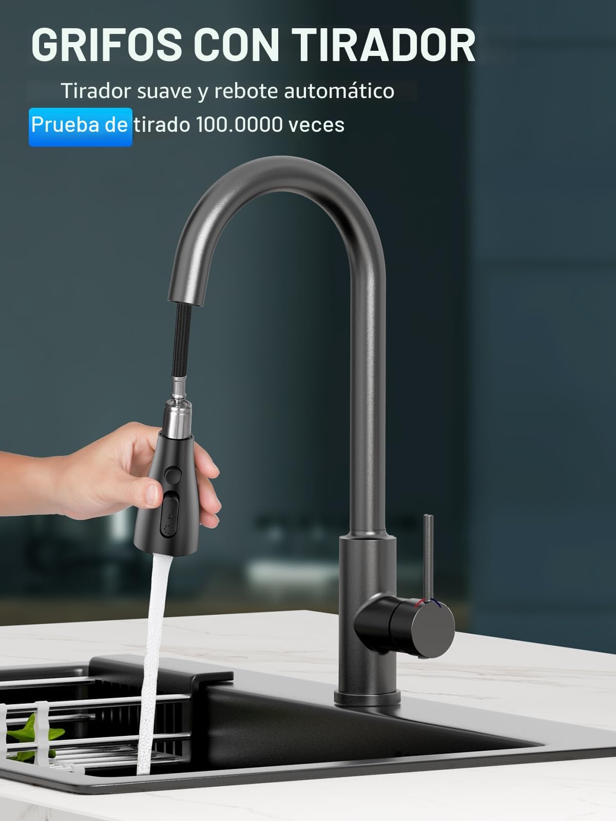 Grifo Cocina Extraible - Grifos Fregadero con Caño giratorio de 360°,4 Modos Monomando Acero Inoxidable Torneira Cozinha,Arco Alto, para Fregadero Cocina 1 Agujero,Negro