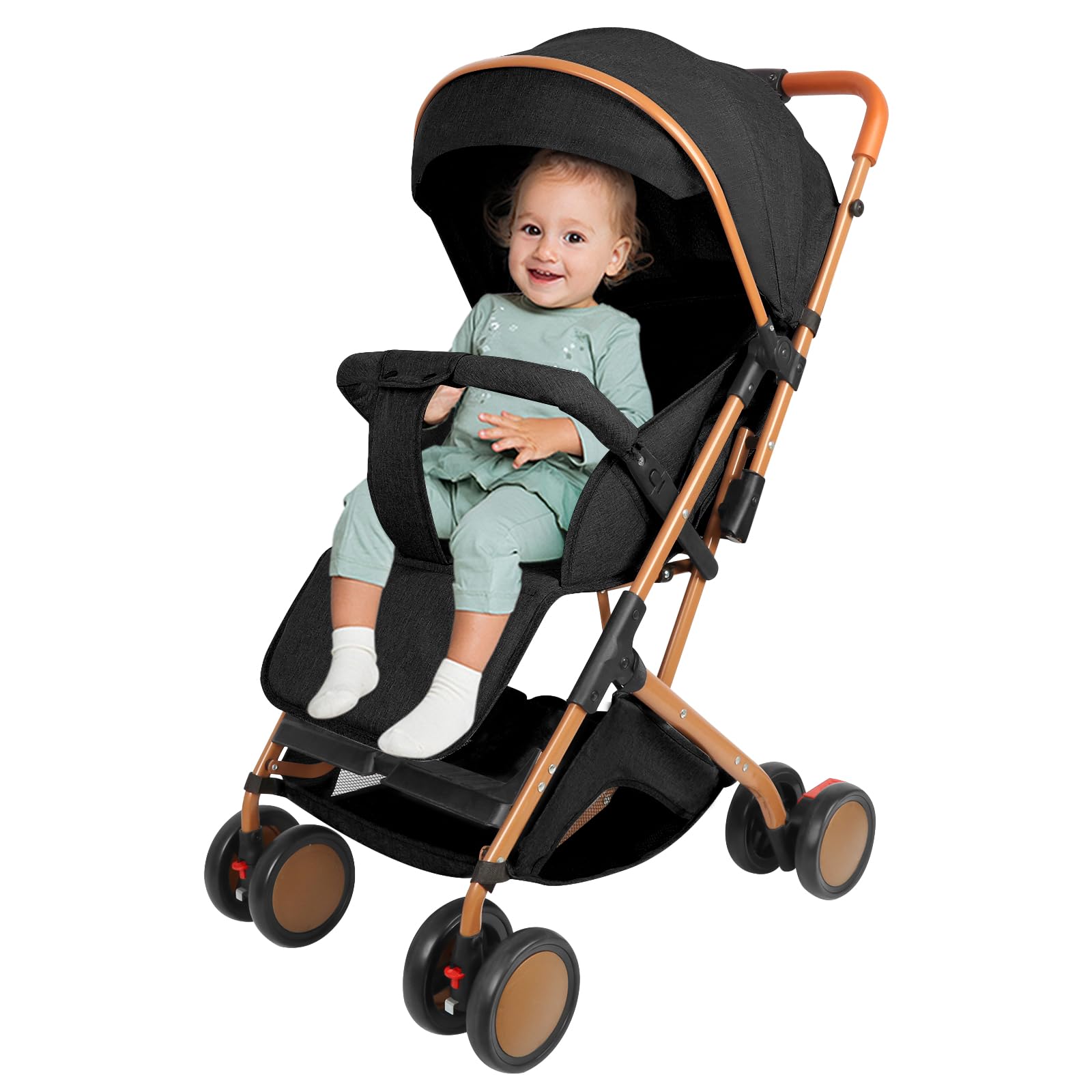 Passeggino a canna compatta, Passeggino, Ultra-compatto, passeggino reclinabile, gambe dorate, con zanzariera, borsa per il trasporto, cappottina extra-large 0-6 anni, ripostiglio con una sola mano