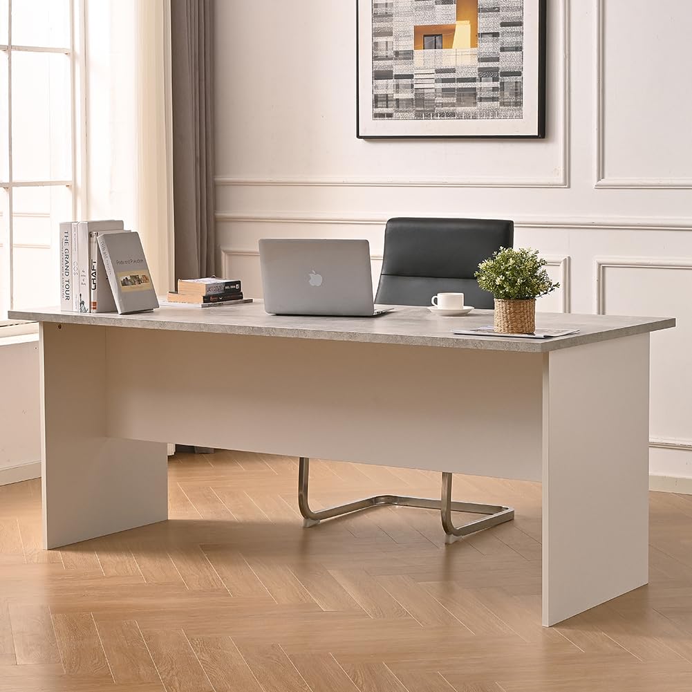 Shally Dogan Scrivania da Ufficio in Legno per Computer, Tavolo Desk Porta PC per Studio, Lavoro, Cameretta, Home Office Stile Moderno, Resistente agli Urti, 160x80x74cm (Cemento e Bianco)