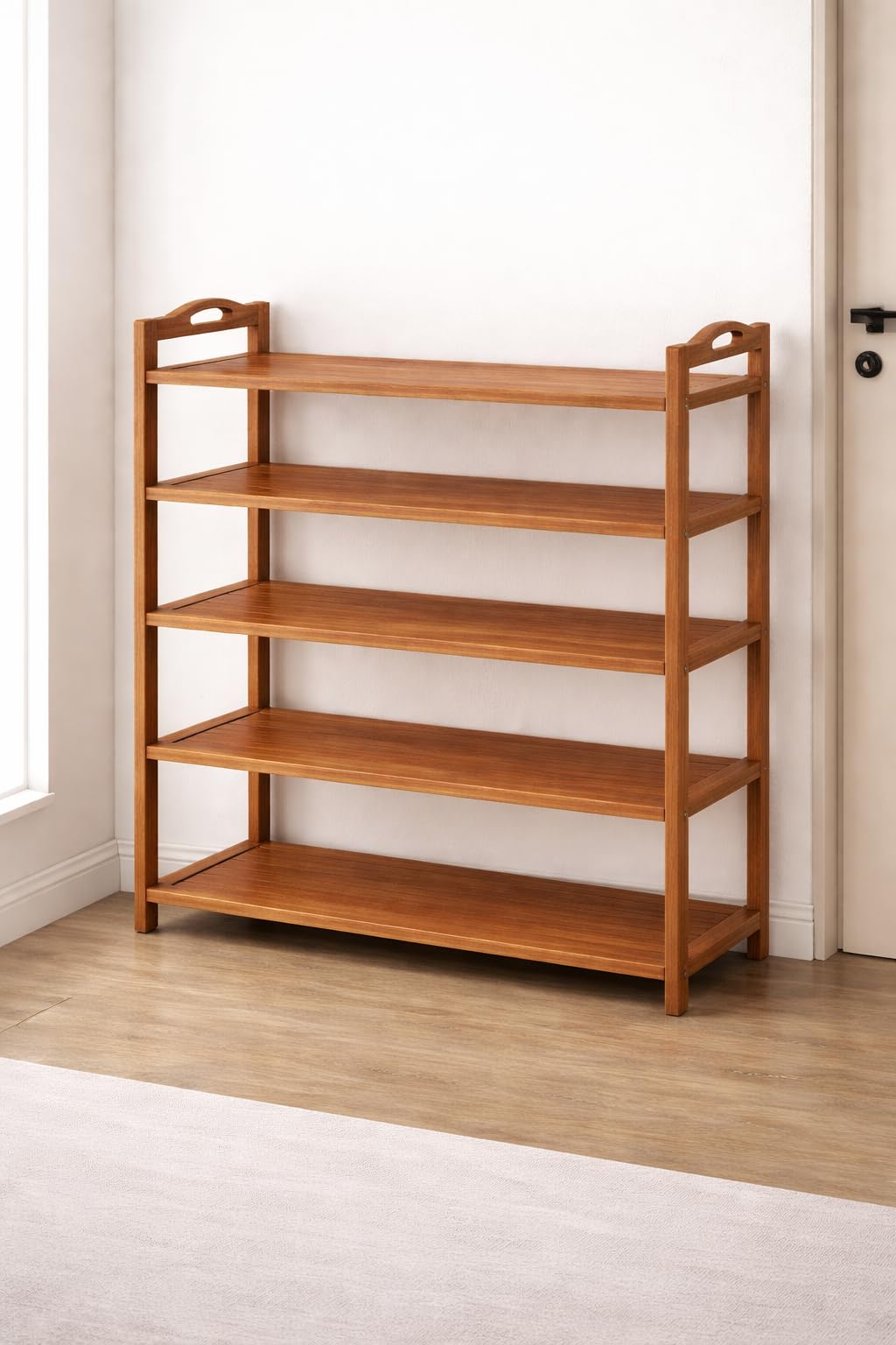 PWRco Bamboo Shoe Rack 5 Tier 100cm Wide Tall – Slim Narrow Entryway Hallway Shoe Storage Cabinet Shelf Organiser, Solid Panel Wooden Shoe Stand, Reinforced Load Bearing Vertical Unit 100x87x25cm