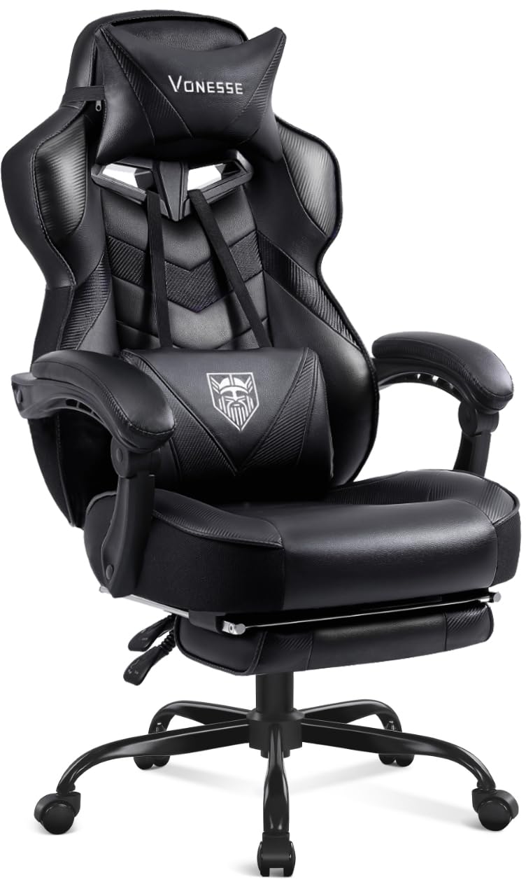Vonesse Gaming Chair, High Back Gaming Chair with Footrest and Massage, Gaming Chairs for Adults with Pocket Spring Cushion, Big and Tall Reclining Computer Chair with Lumbar Support (): Classic Black
