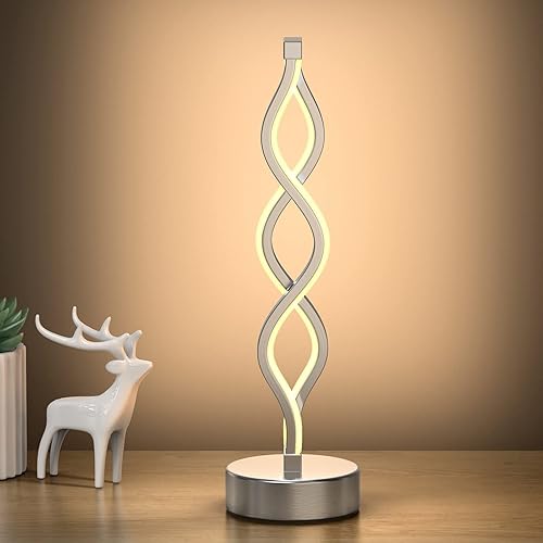NUÜR Infinity - Lámpara de mesa LED en espiral plateada, lámpara de noche metálica regulable con controlador táctil, temperatura de 3 colores, 15.8