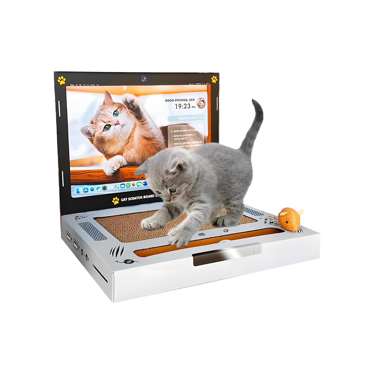 AVILIA - Tiragraffi per Gatti a Forma di Laptop - Gioco Interattivo 3 in 1 con Mouse e Tastiera in Cartone - Graffiatoio Anti-Stress per Unghie Sane - Idea Regalo Gatto