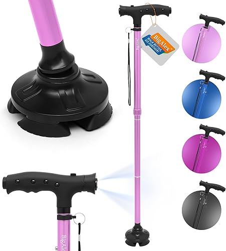 BigAlex Bastón plegable con luz LED para ancianos, base cuádruple, ligera, ajustable, con mango cómodo para hombre y mujer