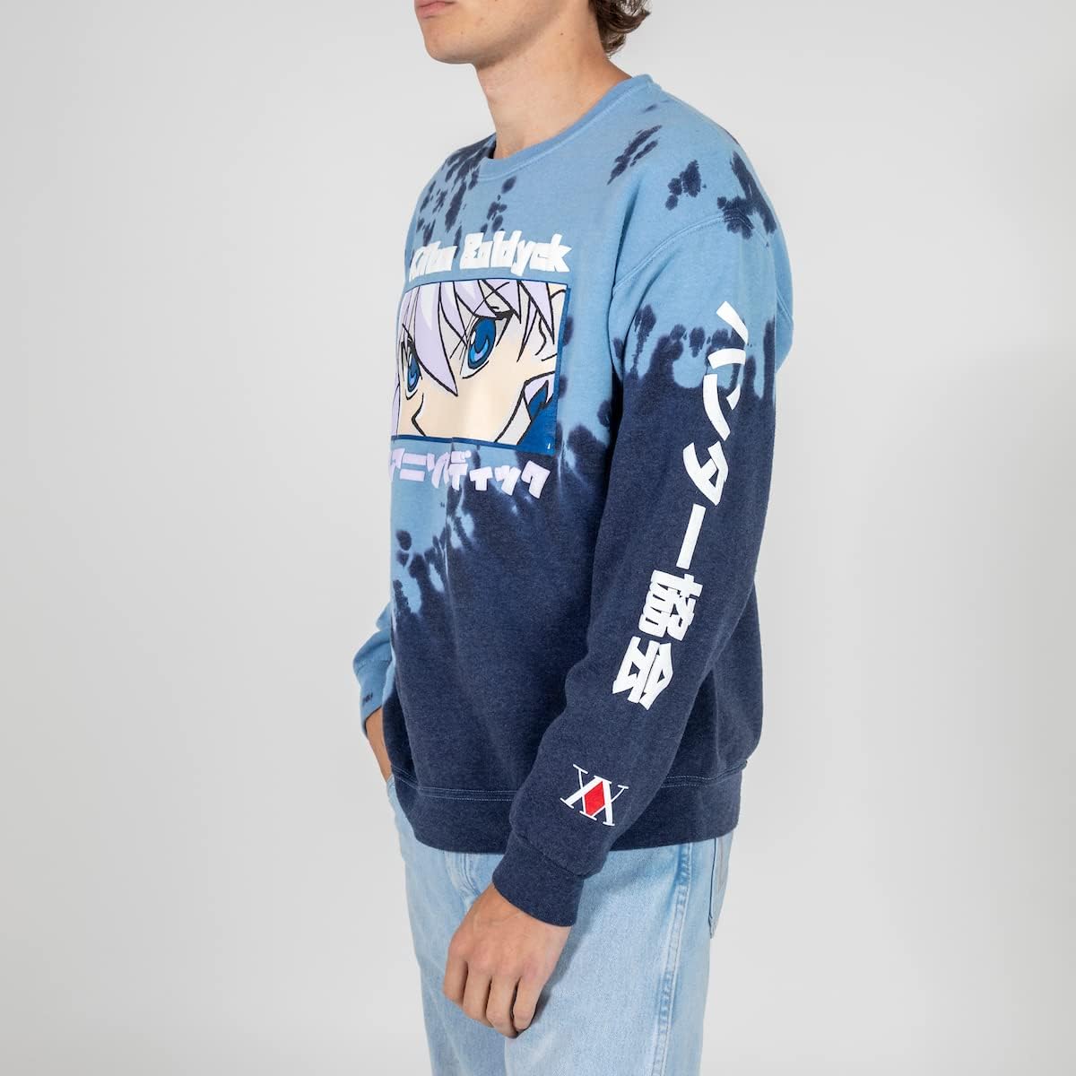 Bioworld Hunter x Hunter Killua Close Up Puff Print on 45Degree Split Dye Sweatshirt-XL Blue