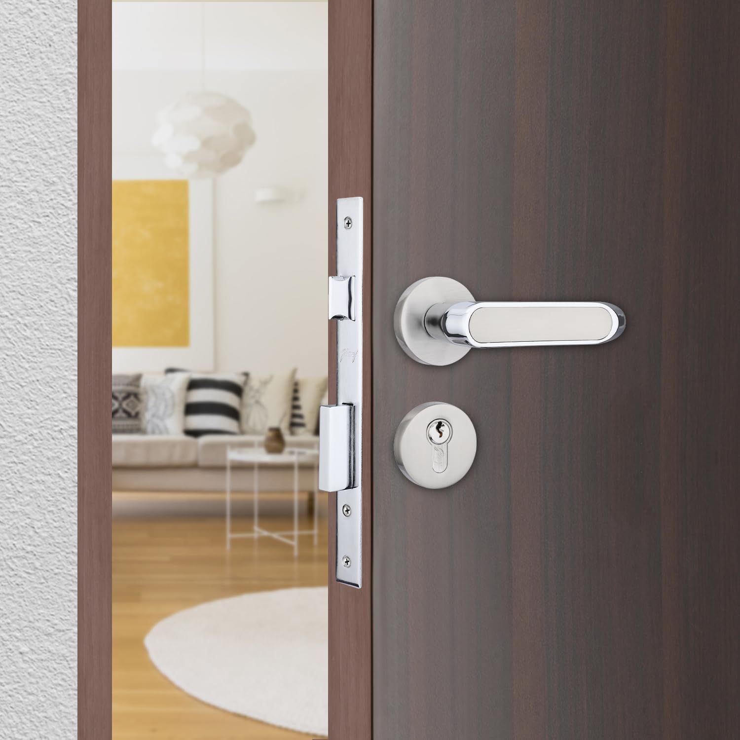 Godrej Mortise Lock | Handle Lock Set for Main & Internal Doors of Homes and Offices | Rosette Home D�cor Handle | Satin Steel Finish | 9Inch Lockbody | 70mm 1CK Cylinder - Knob from Inside with 3Keys-image-3