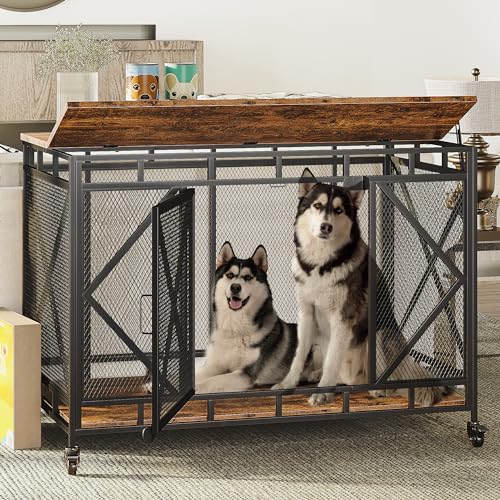 Dog Crate Furniture 48 Inch Dog Crate for Large Medium Dogs Wooden Dog Kennel Indoor End Table Dog Cage Large Dogs with Wheels Heavy Duty Dog Crate with Flip Top Brown