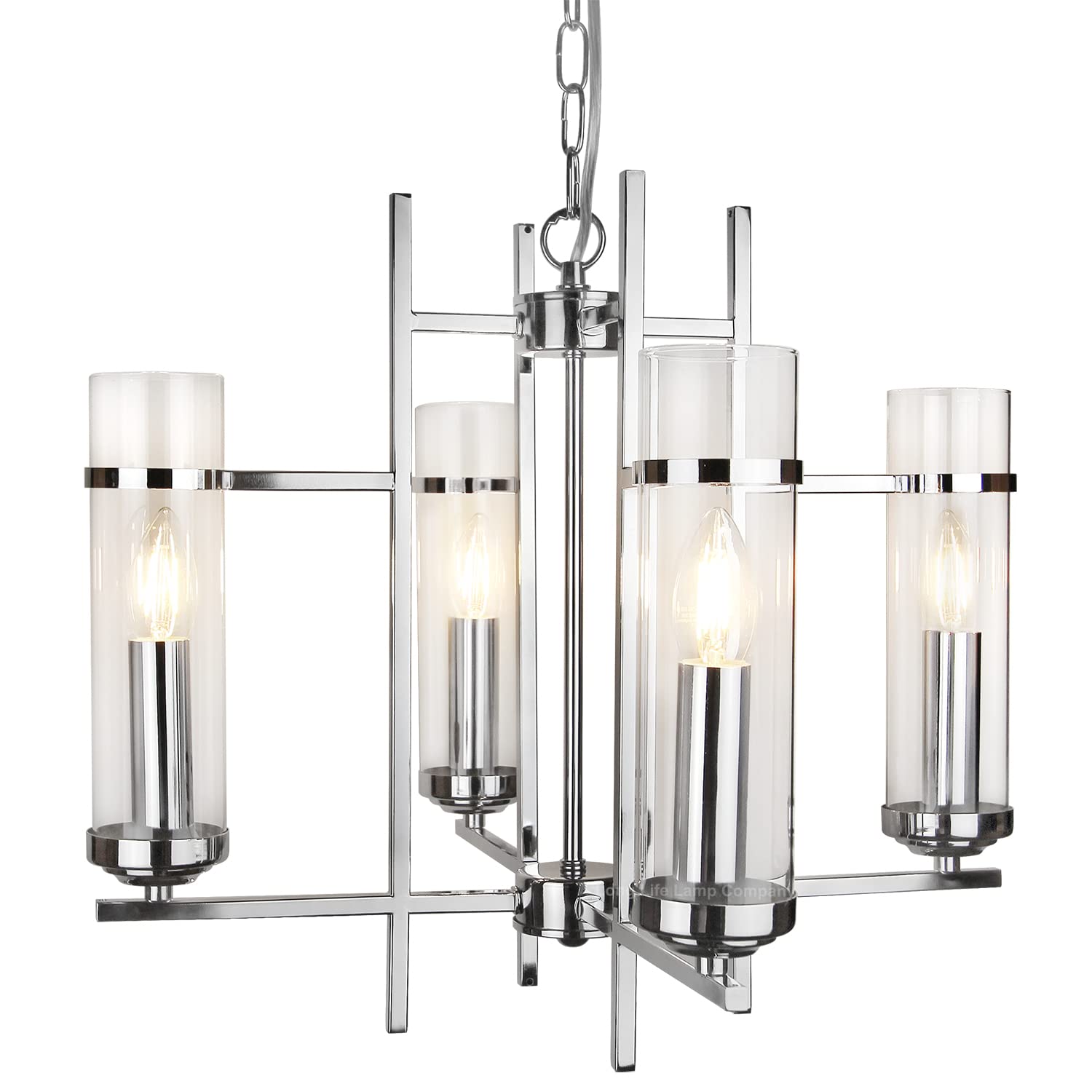 Long Life Lamp Company Chrome Lantern Pendant Ceiling Light Glass Shade 4 Lamp Hanging Chandelier H3040