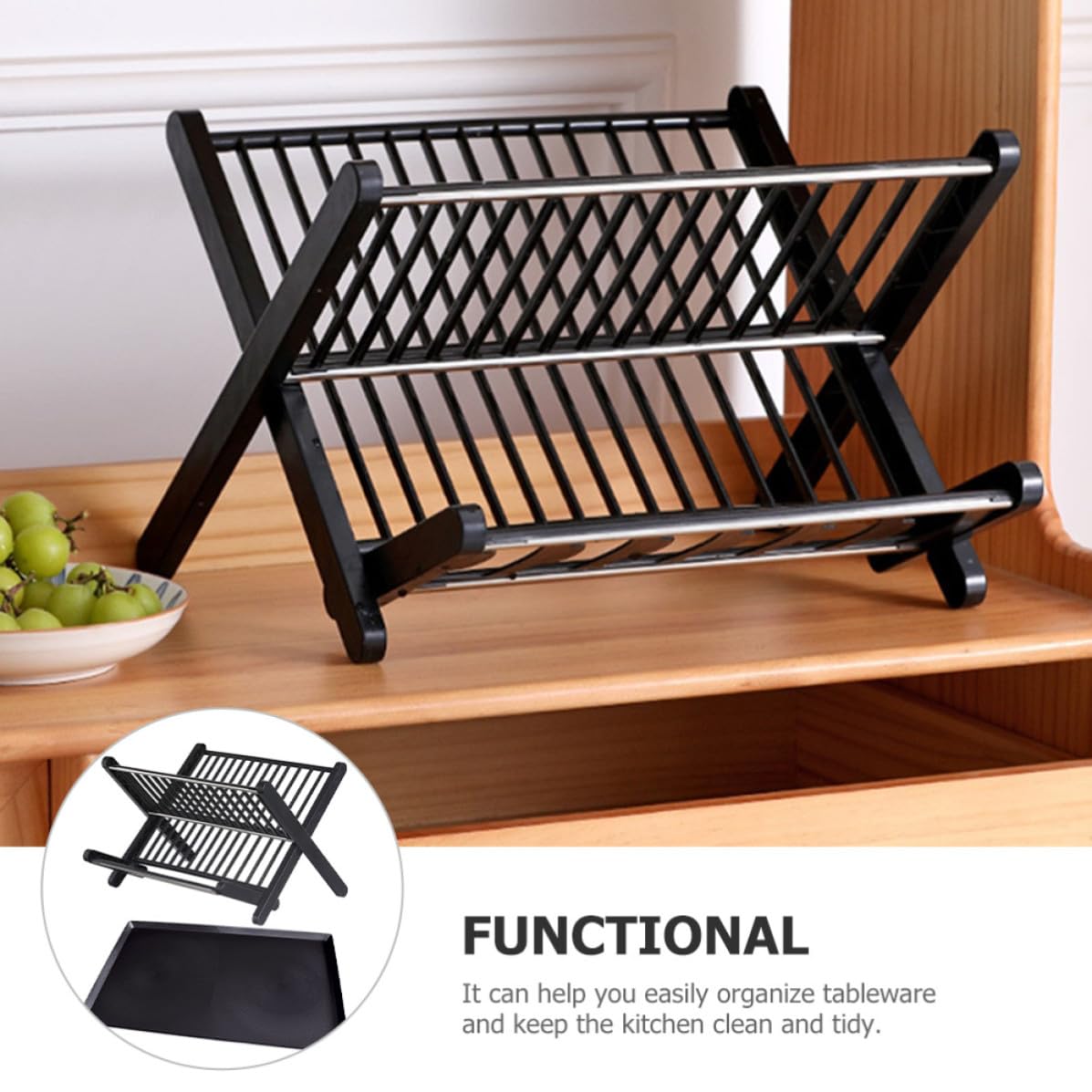 USHOBE Escurreplatos Plegable Negro de Pp y Acero Inoxidable, Compacto y Fácil de Almacenar para Cocina y Restaurante, Soporte Práctico para Organizar Platos