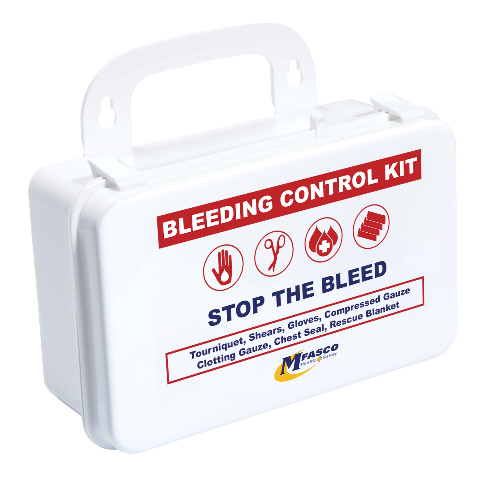 MFASCO BC5 Bleeding Control Kit | Stop The Bleed Essential Tourniquet, Bleeding Control Dressings, Chest Seal | Wall-Mountable Plastic Case I Compact First Aid Box