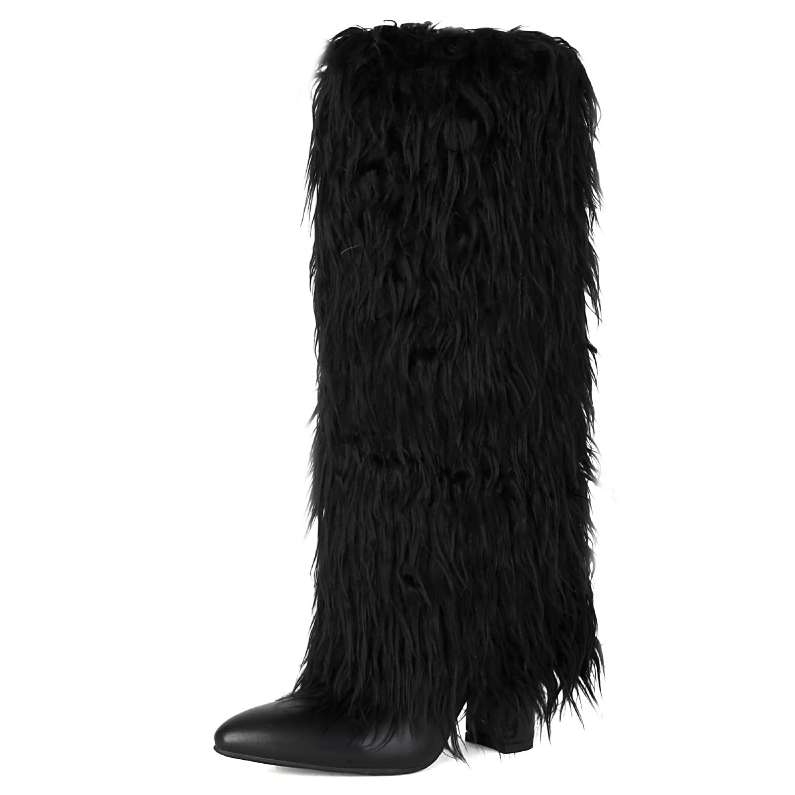 Damskie buty do kolan ze sztucznego futra szpiczasty nosek szpilki modne wyraziste buty stylowe zimowe jesienne przyjęcie wieczorne wyjście biuro podróż odzież na co dzień, Czarny, 40 EU