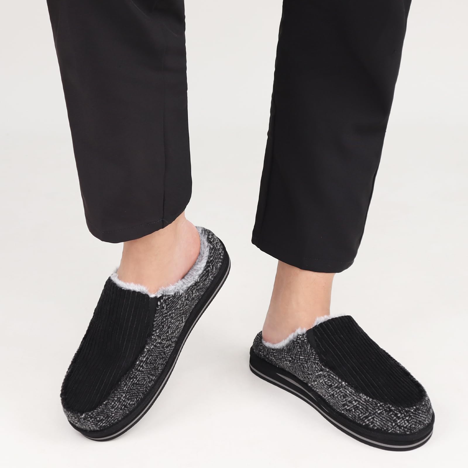 ONCAI Pantofole da Uomo in Comfort Pelo Cotone Strisce Ciabatte da Casa in Lana con Memory Foam Supporto Arco Suola in Gomma Taglia 40-50