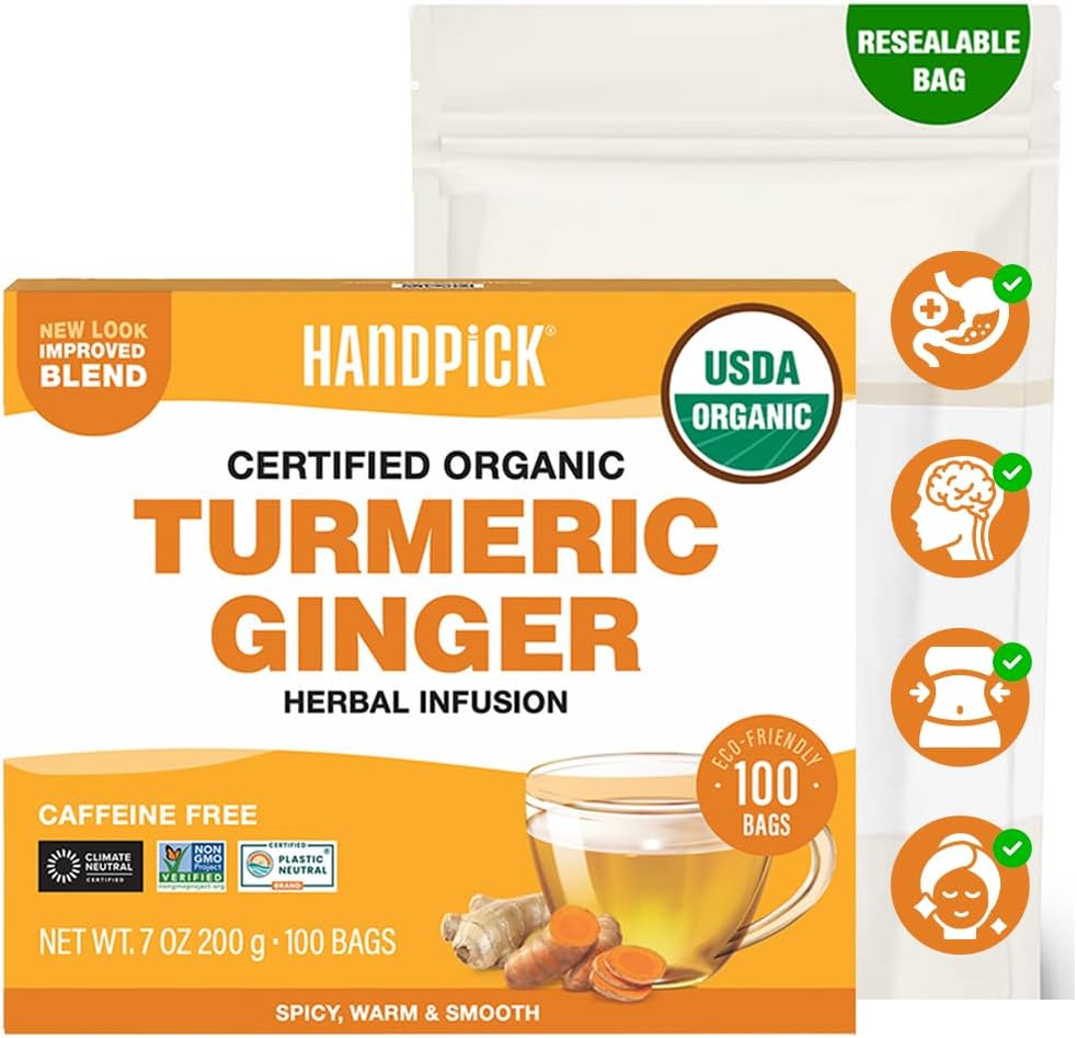 HANDPICK, Organic Turmeric Ginger Tea (100 Tea Bags) | Herbal Tea, Strong Spicy Flavor, Caffeine Free, Daily Wellness Tea, Smooth & Warming Infusion | Non-GMO, Gluten Free | Ecofriendly Tea Bags