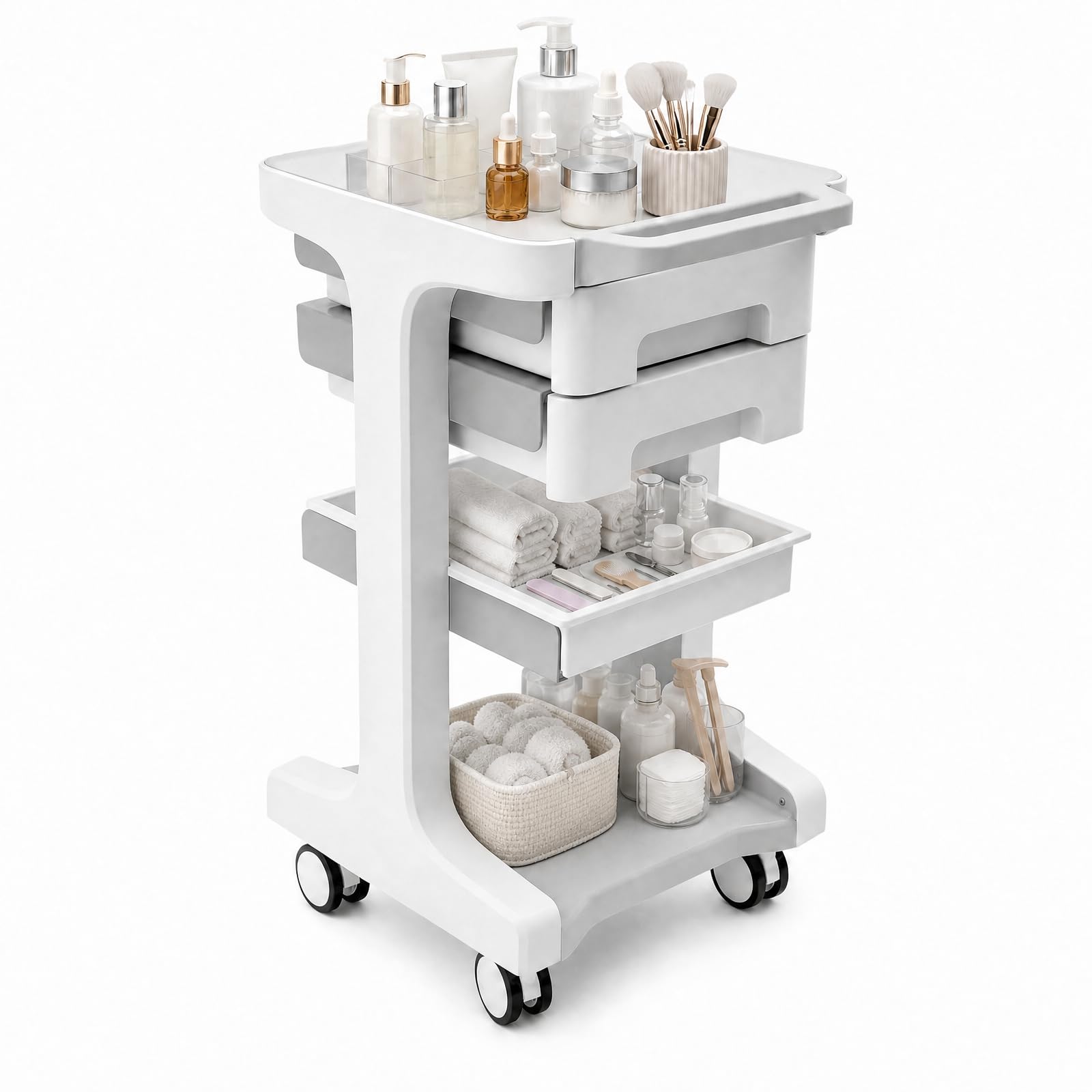 Carro de laboratorio con 2 cajones y 1 estante, carrito de servicio enrollable de ABS, 50 kg, carrito de almacenamiento, carrito de peluquería, carrito de trabajo, carrito de cosméticos para | Carro de almacenamiento móvil con 4 ruedas, carrito médico par