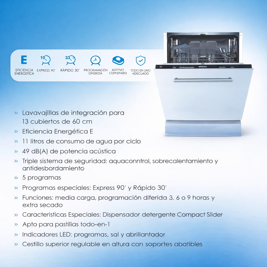 Edesa Lavavajillas Integración EDB-6130-I, 13 Cubiertos, 5 Programas, Ancho de 60 cm, Potencia 2100 W, Acabado en Acero Inoxidable