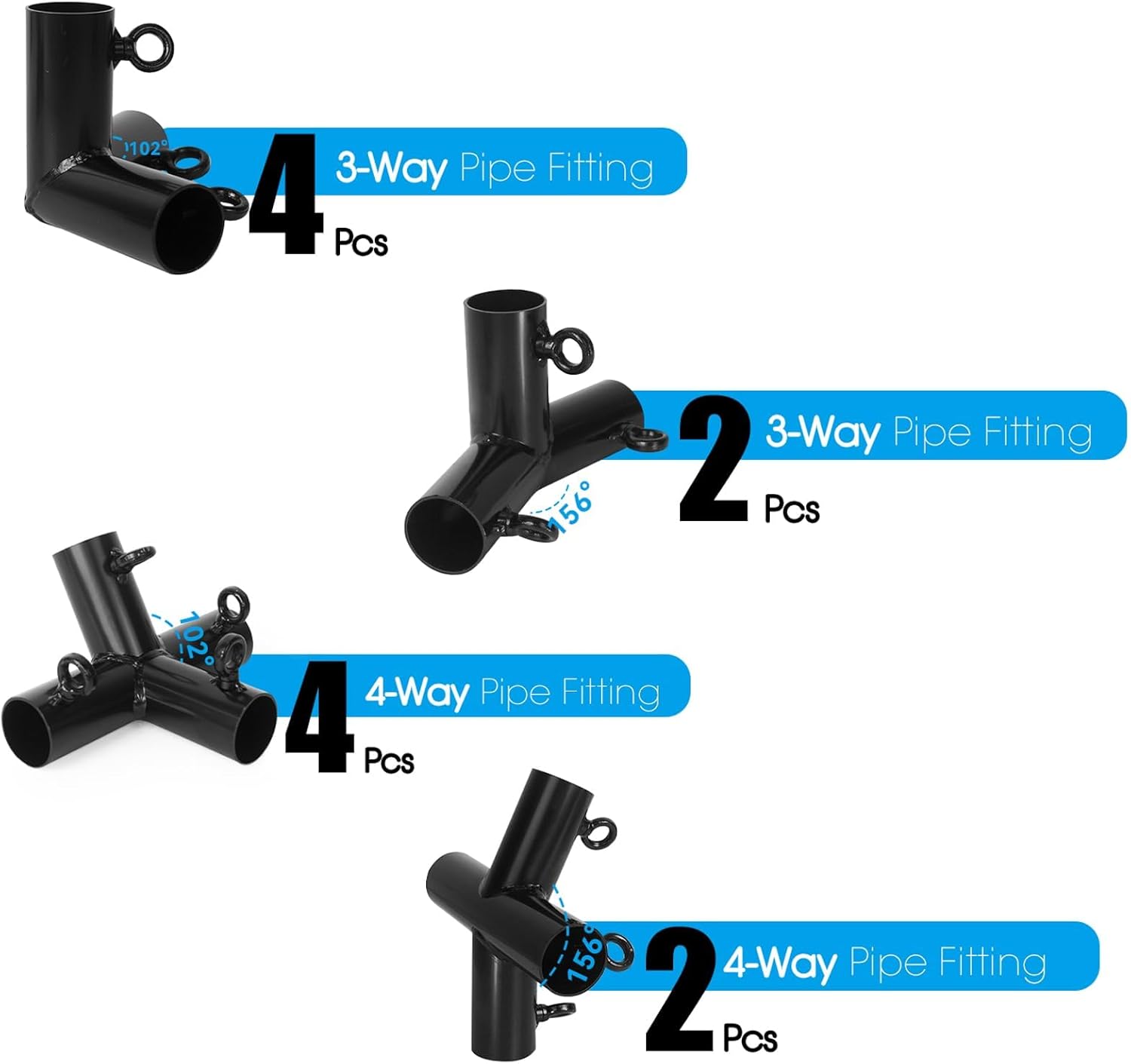 Aoneky 6-Pack 1.05 Inch Corner Canopy Connector Kit, Heavy Duty Carport Frame Fittings for 3/4 Inch EMT Pipe, 156 Degree Peak Angle, Universal for 4 6 8 10 Leg Structures, Black (8-Legs Set)