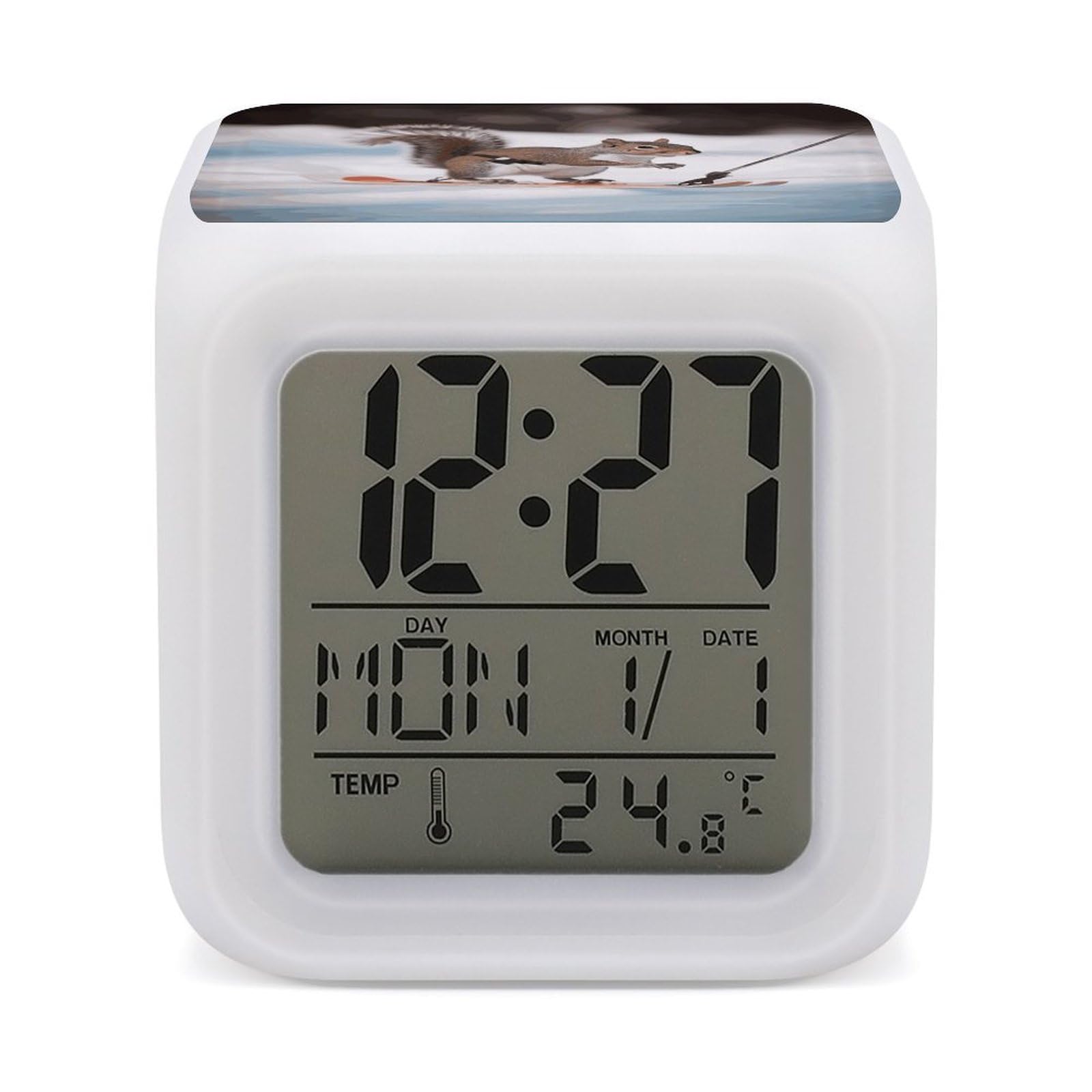 FekiLoot Skiing Squirrel Alarm Clock for Heavy Sleepers Small Digital Alarm Clock with Date Temperature Wake Up Digital Clocks with 7 Colors Changing Desk Clocks for Bedroom Bedside Nightstand