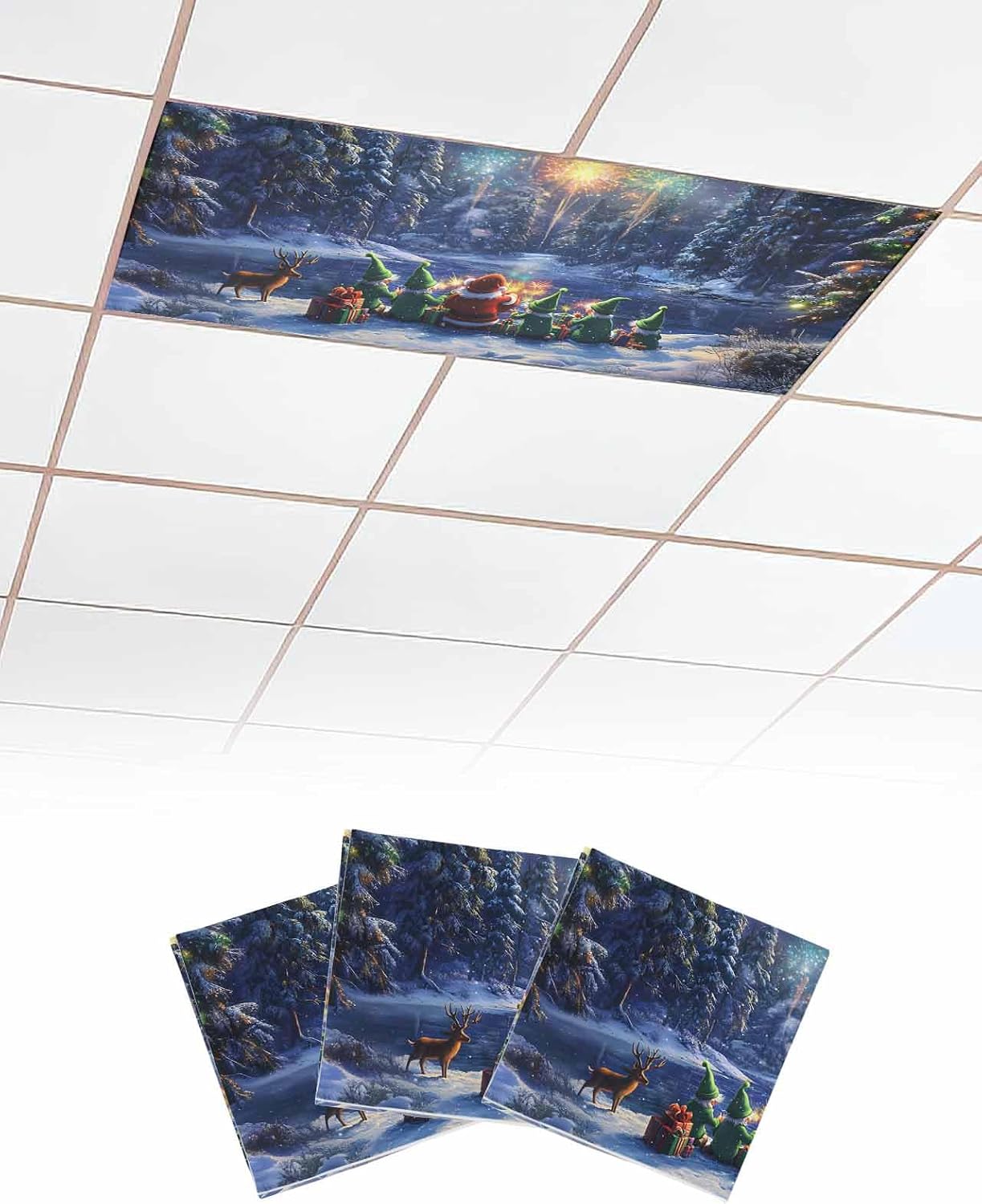 Christmas Fluorescent Light Covers for Ceiling Lights Santa Claus Elf Magnetic Light Filters 4 Pack 4x2 ft Snow Forest Fireworks Ceiling Light Cover for Classroom Office Holiday Home Drop Lamp Decor