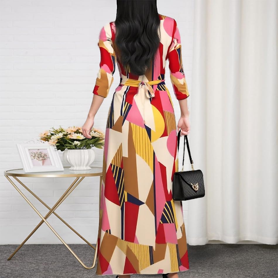 Image of CaniBtr Maxi Dresses for Women Plus Size 3 /4 Sleeve Long Dress with Belt | Versatile plus-size maxi dress,wrap v-neck + waist tie craft soft glamorous looks easily for everyday casual outings