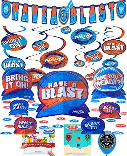 Nerf Party Supplies Birthday Custom Add an Age Banner, Swirls, Centerpiece, Balloon, and Birthday Card Bundle