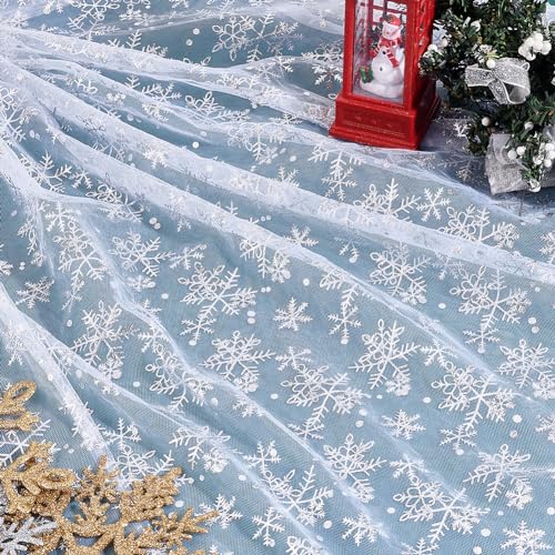 MAYJOYDIY Snowflake Silver Foil Mesh Fabric 160cm Ghost White Nylon Tulle Fabric Rolls Sheer Fabric for DIY Tutu Skirt Gift Bow Wedding Winter Party Dress Tablecloth Background Decorations - Image 4