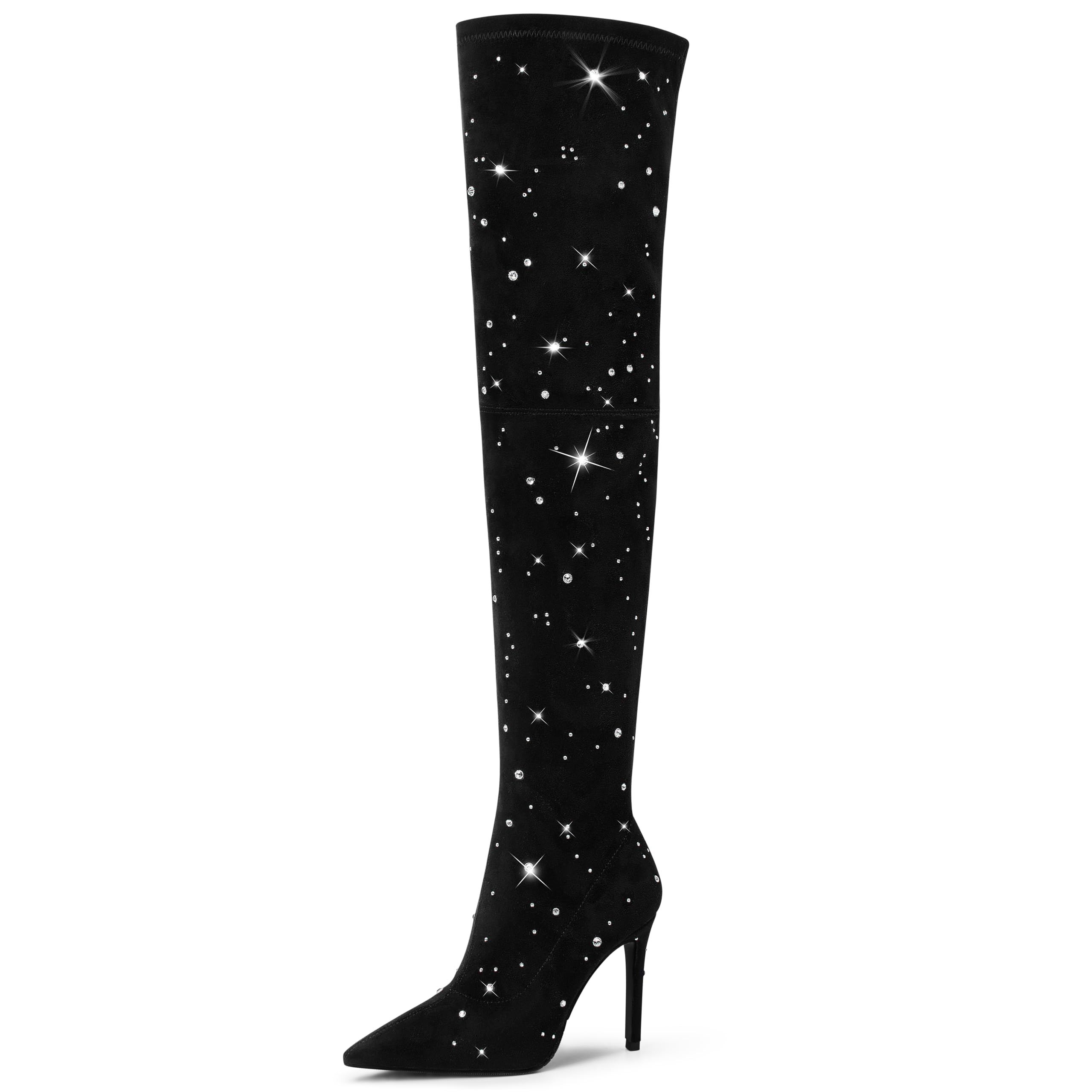 MUCCCUTE Thigh High Boots for Women - Over The Knee Rhinetsone Suede Boots Pointed Toe Stiletto High Heel Side Zipper Long Boots