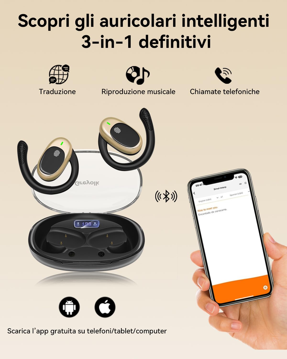 AI Cuffie Traduzione, Bluetooth 5.4 Traduttore Istantaneo Vocale con 156 Lingue, Auricolari di Traduzione con 5 modalità, Codice di Autorizzazione Permanente, Cuffie Bluetooth per Viaggi/Affari