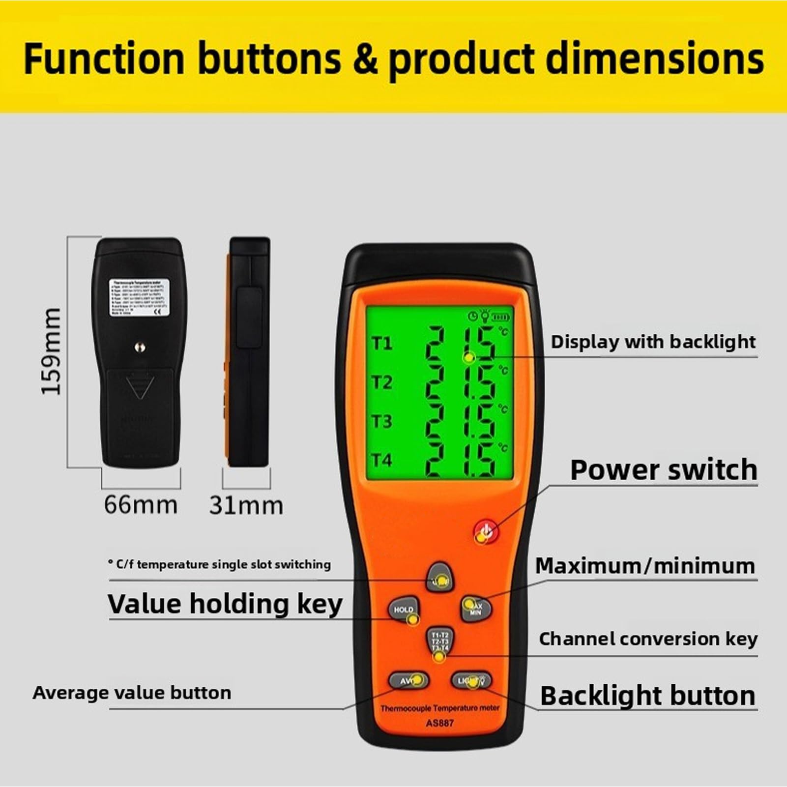 Eujgoov 4 Kanäle Digitales Thermometer K -Typ Thermoelementtemperaturtester mit 4 Sonden -200 Bis 1372 ℃ für die Doppelprobenmessung