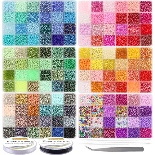 EuTengHao 28800pcs 4mm Multicolor Glass Seed Beads 6/0 for DIY Bracelet Necklaces Crafting Jewelry Making Supplies with Beading Needles Elastic Strings Tweezers (144 Colors 200Pcs Per Color)