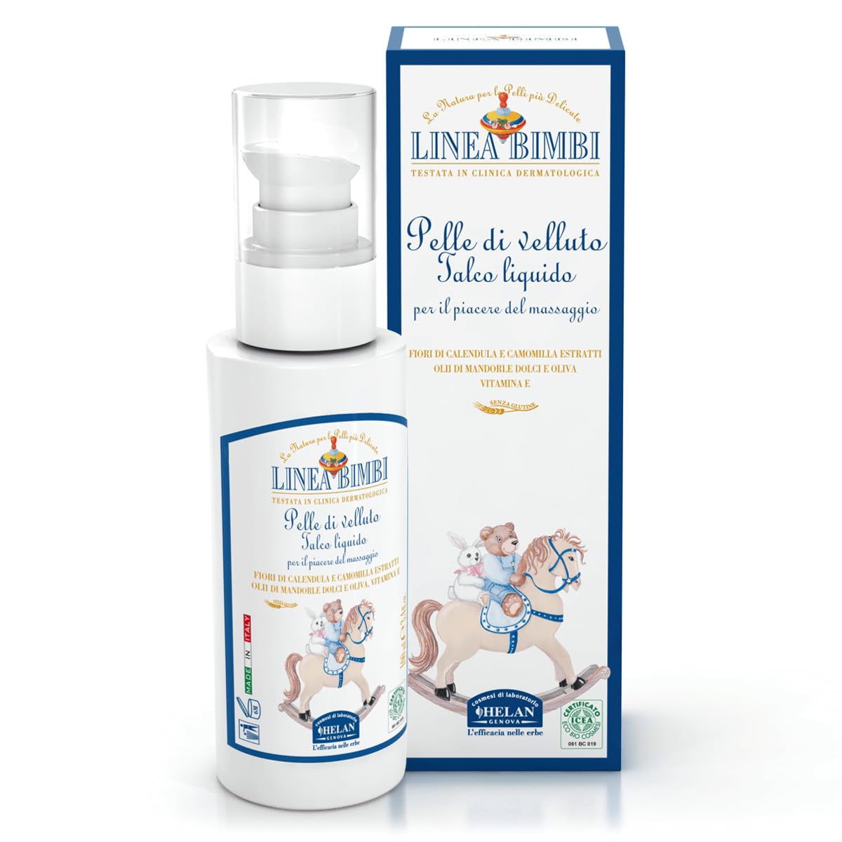 Helan, Speciale Nascita, Confezione Regalo, Linea Bimbi - Bagno Olio Addolcente, Olio Emolliente, Pelle di Velluto Talco Liquido - Confezione Kit Ricercata con Nastro in Tessuto (Blu e Rosa)