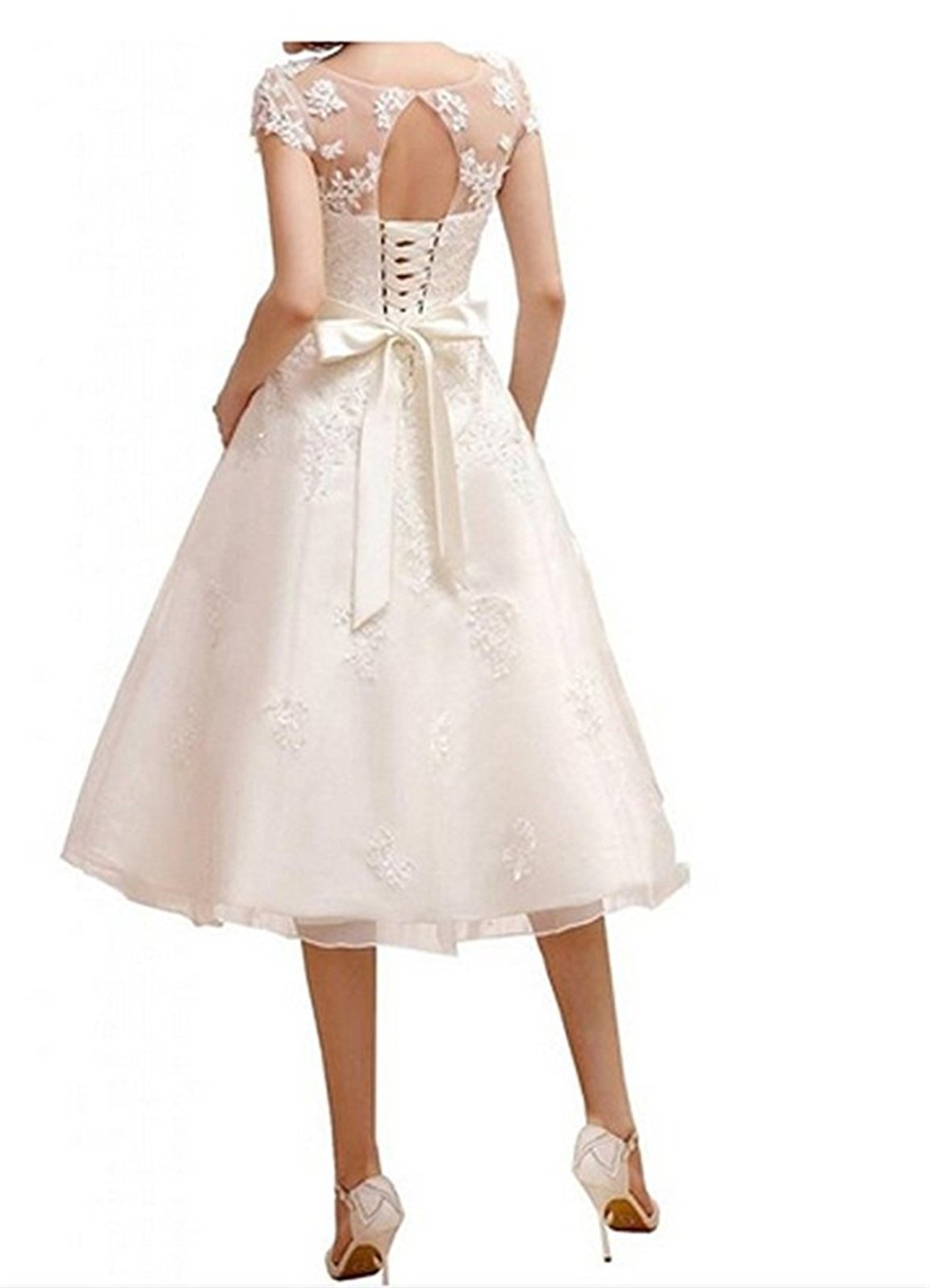 Abito da Sposa con Sash Abiti da Sposa Vintage al Ginocchio Lunghezza Pizzo Abiti da Sposa per la Sposa