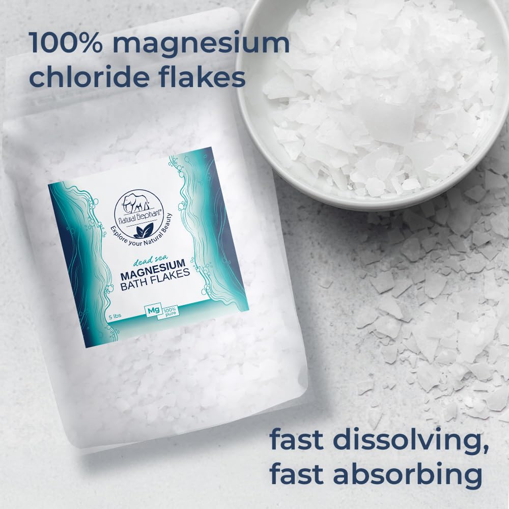 Natural Elephant Dead Sea Magnesio Bath Flakes | 4,5 kg (confezione da 2 sacchetti da 2,3 kg) | Puro cloruro di magnesio ammollo per corpo e piedi | Ideale per un bagno rilassante | Alternativa al