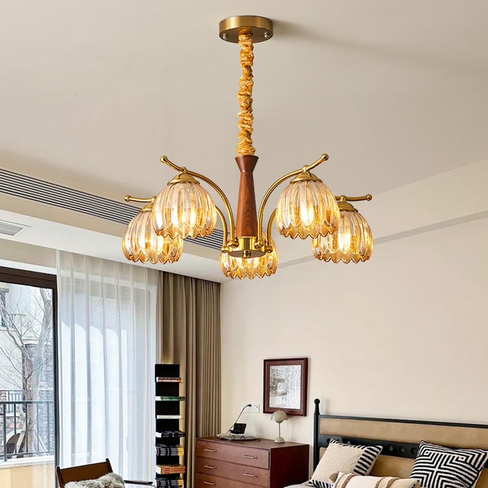 QTHWB Amber Tulip Glass Chandelier with Wood Base Mid-Century for Living Room, Dining Room & Bedroom