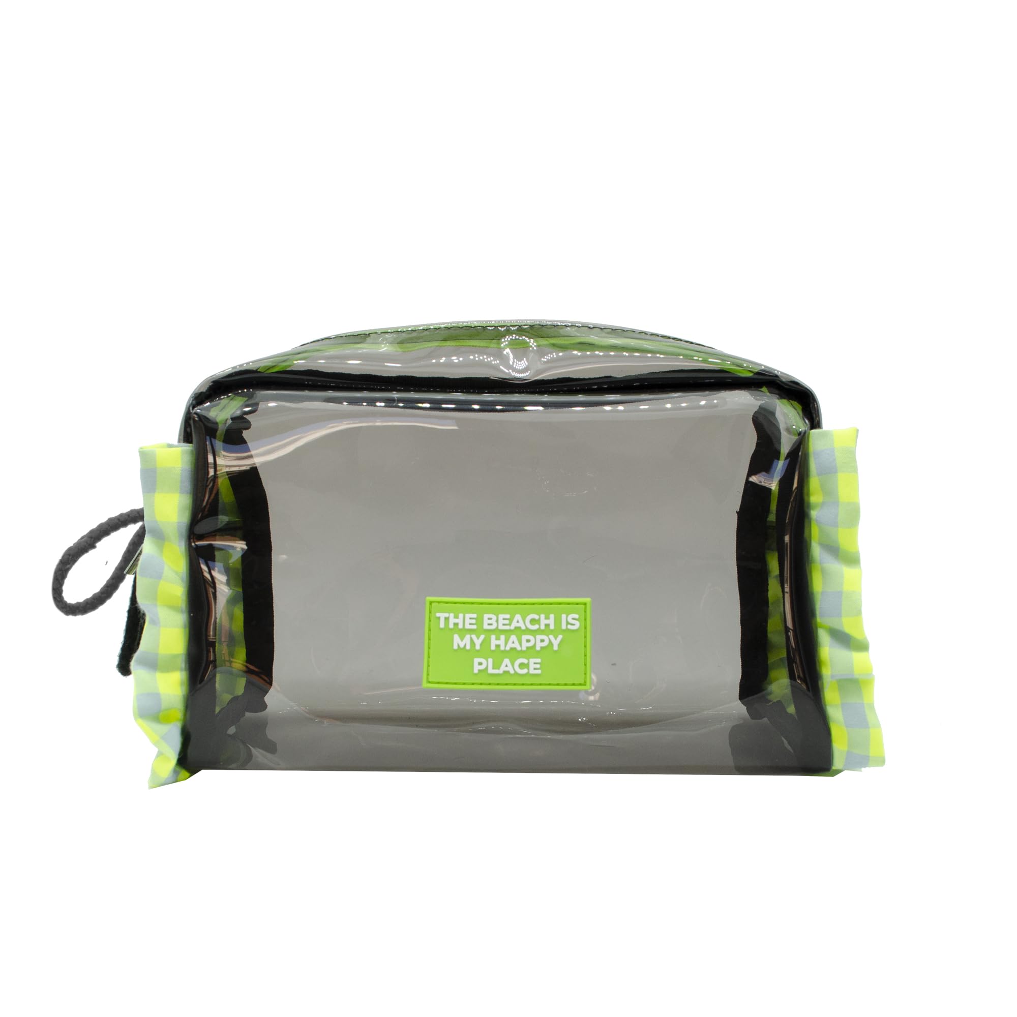 Ponette Neceser de Mujer Grande Plastificado Transparente Negro con Remate de Tejido de Vichy Gris y Flúor y Asa Tipo Cordón, Ideal Playa, Piscina, Viaje, Impermeable, Marca Española