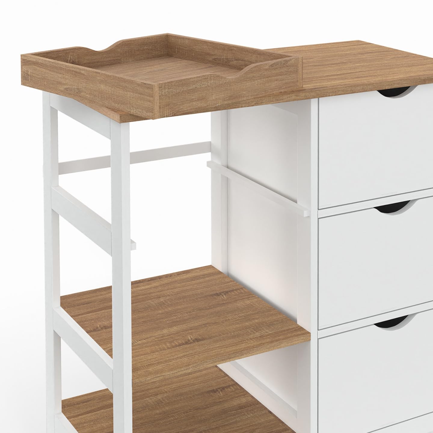 IDMarket - Carrito de cocina MUNA 3 cestas + 1 bandeja extraíble blanca y efecto haya L.76 cm